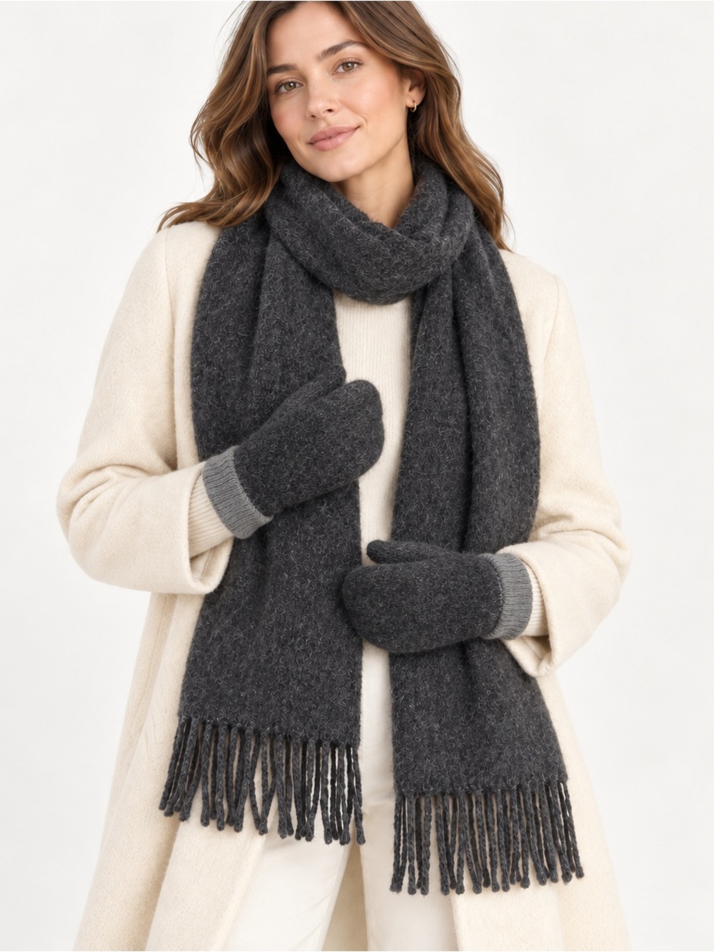 Charcoal Alpaca Scarf & Mittens Matching Set